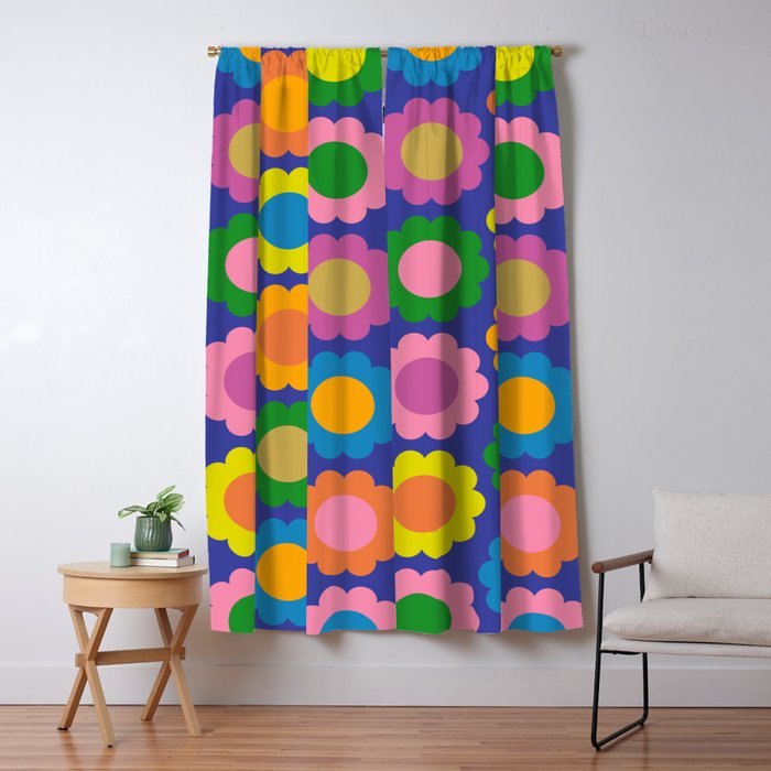 Happy Flowers Colorful Retro Pattern on Blue Window Curtain Gallery Image 1
