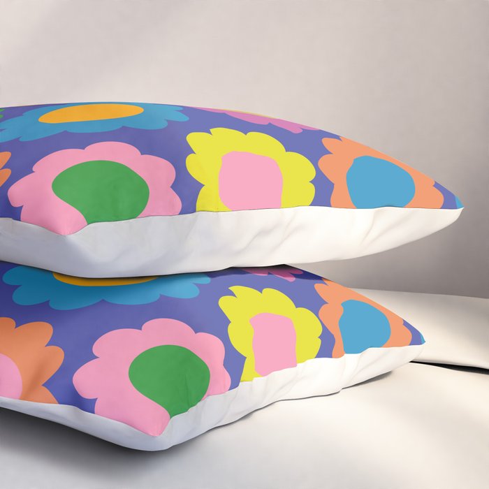 Happy Flowers Colorful Retro Pattern on Blue Pillow Sham Gallery Image 3