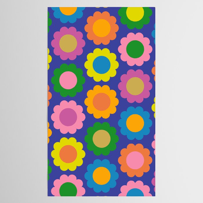 Happy Flowers Colorful Retro Pattern on Blue Tablecloth Gallery Image 2