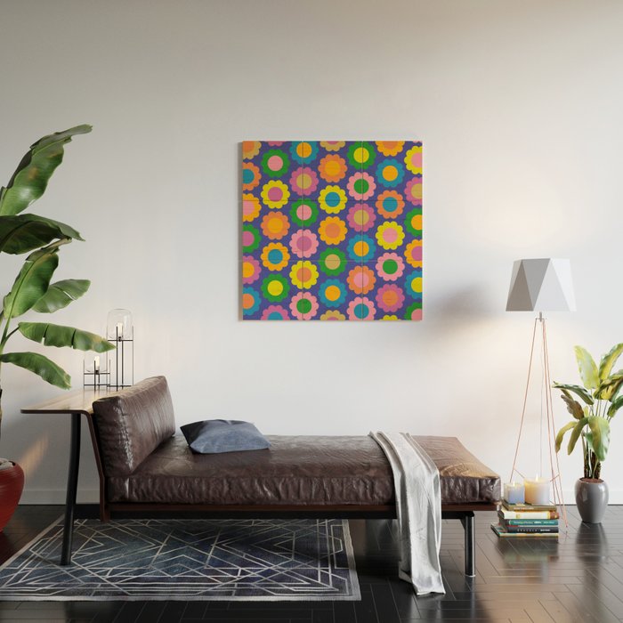 Happy Flowers Colorful Retro Pattern on Blue Wood Wall Art Gallery Image 2