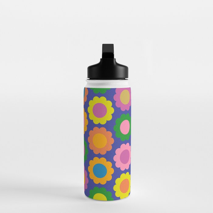 Happy Flowers Colorful Retro Pattern on Blue Water Bottle Gallery Image 3