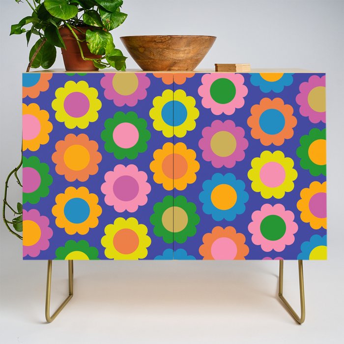Happy Flowers Colorful Retro Pattern on Blue Credenza Gallery Image 1