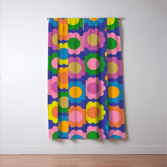 Happy Flowers Colorful Retro Pattern on Blue Window Curtain Gallery Image 3