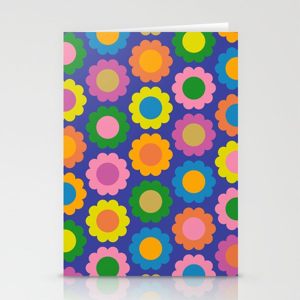 Happy Flowers Colorful Retro Pattern on Blue Stationery Card Gallery Image 2