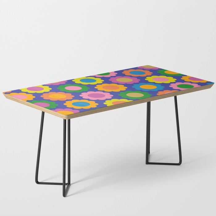 Happy Flowers Colorful Retro Pattern on Blue Coffee Table Gallery Image 1