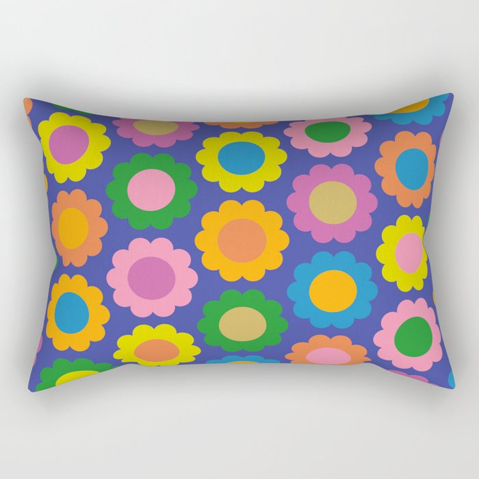 Happy Flowers Colorful Retro Pattern on Blue Rectangular Pillow Gallery Image 2
