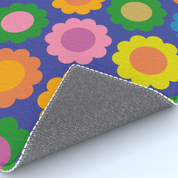 Happy Flowers Colorful Retro Pattern on Blue Rug Gallery Image 4