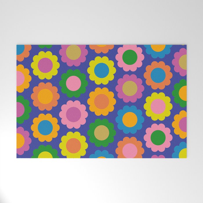 Happy Flowers Colorful Retro Pattern on Blue Welcome Mat Gallery Image 1