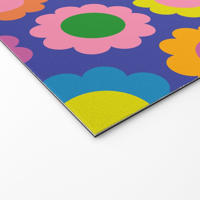 Happy Flowers Colorful Retro Pattern on Blue Welcome Mat Gallery Image 2