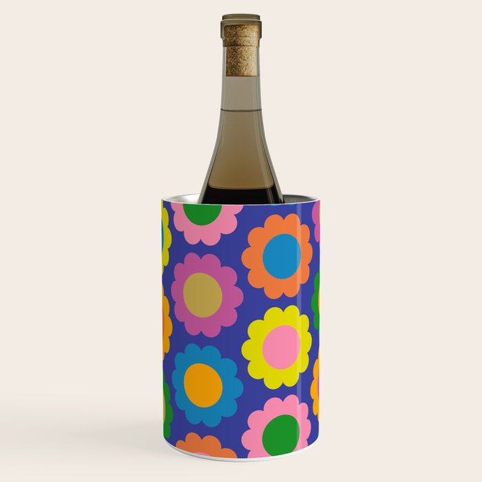 Happy Flowers Colorful Retro Pattern on Blue Wine Chiller Gallery Image 3
