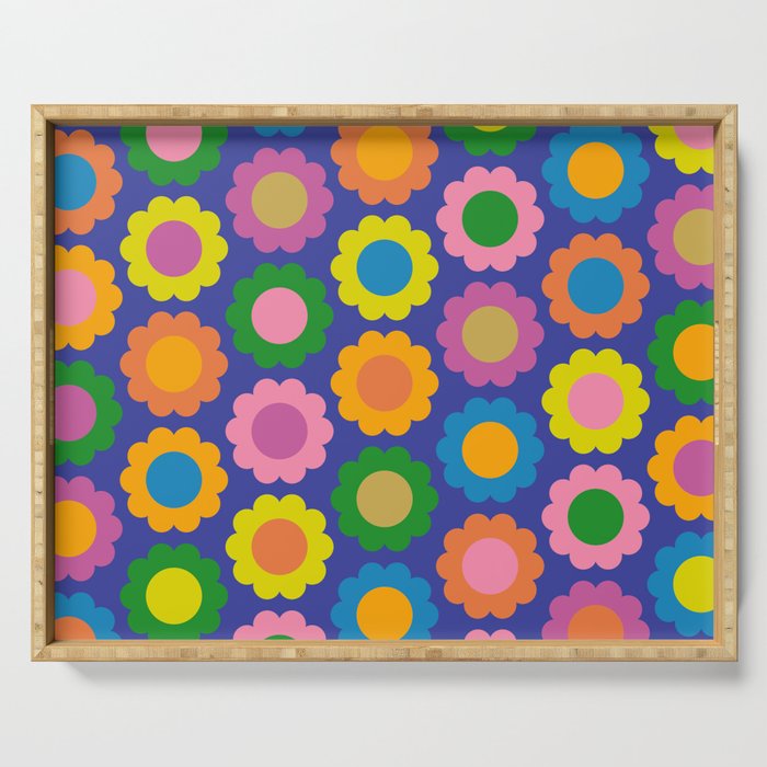 Happy Flowers Colorful Retro Pattern on Blue Serving Tray Gallery Image 1