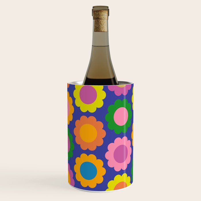 Happy Flowers Colorful Retro Pattern on Blue Wine Chiller Gallery Image 2
