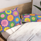 Happy Flowers Colorful Retro Pattern on Blue Pillow Sham Gallery Image 2
