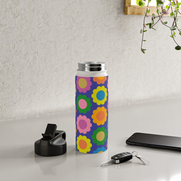 Happy Flowers Colorful Retro Pattern on Blue Water Bottle Gallery Image 4