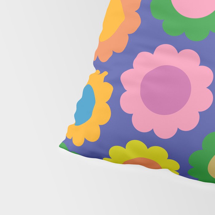 Happy Flowers Colorful Retro Pattern on Blue Pillow Sham Gallery Image 4