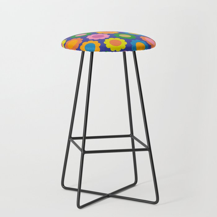 Happy Flowers Colorful Retro Pattern on Blue Stool Gallery Image 1