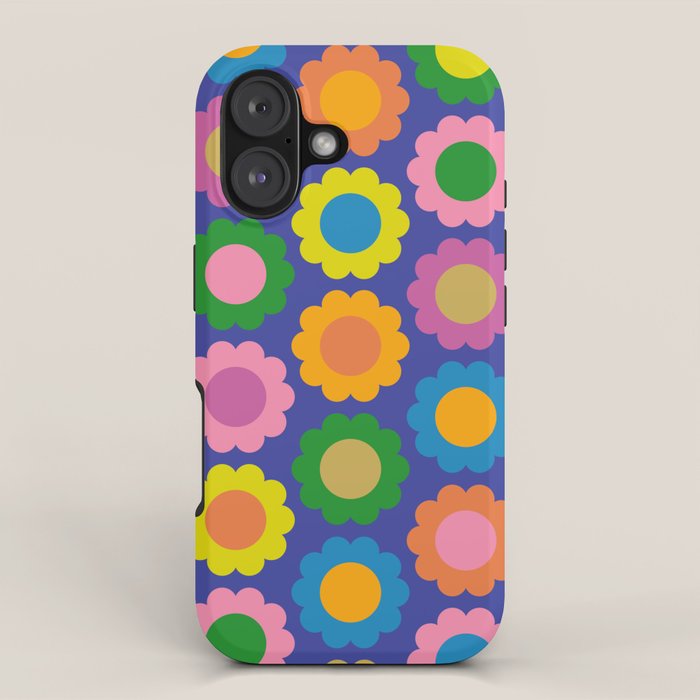 Happy Flowers Colorful Retro Pattern on Blue iPhone Case Gallery Image 1