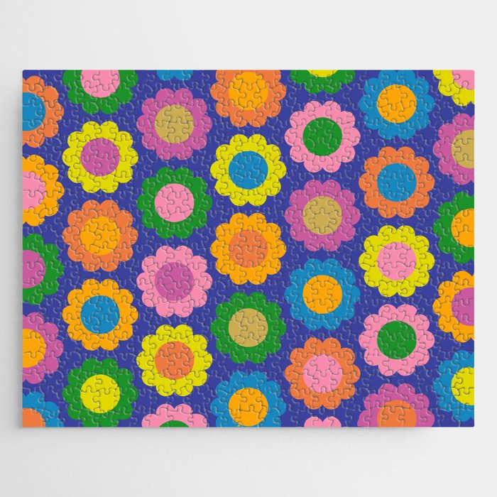 Happy Flowers Colorful Retro Pattern on Blue Jigsaw Puzzle Gallery Image 1