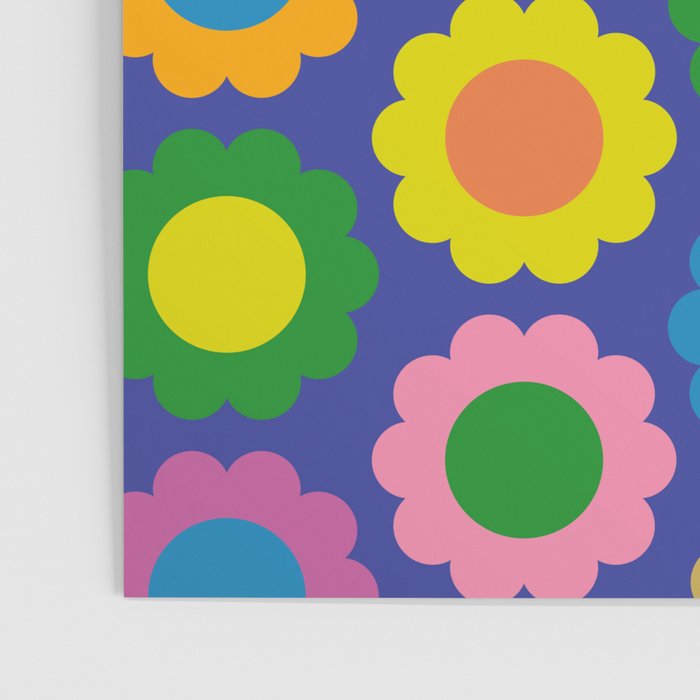 Happy Flowers Colorful Retro Pattern on Blue Poster Gallery Image 3