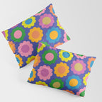 Happy Flowers Colorful Retro Pattern on Blue Pillow Sham Gallery Image 3