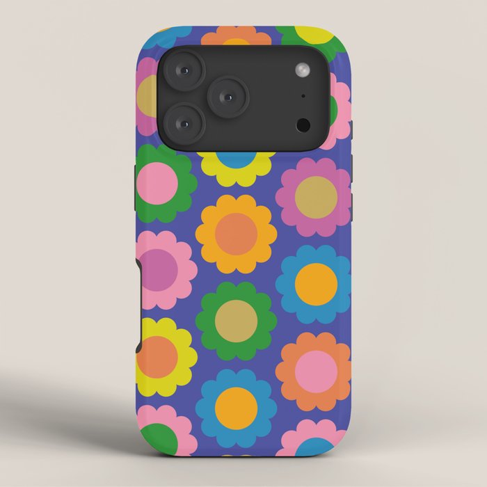 Happy Flowers Colorful Retro Pattern on Blue iPhone Case Gallery Image 3