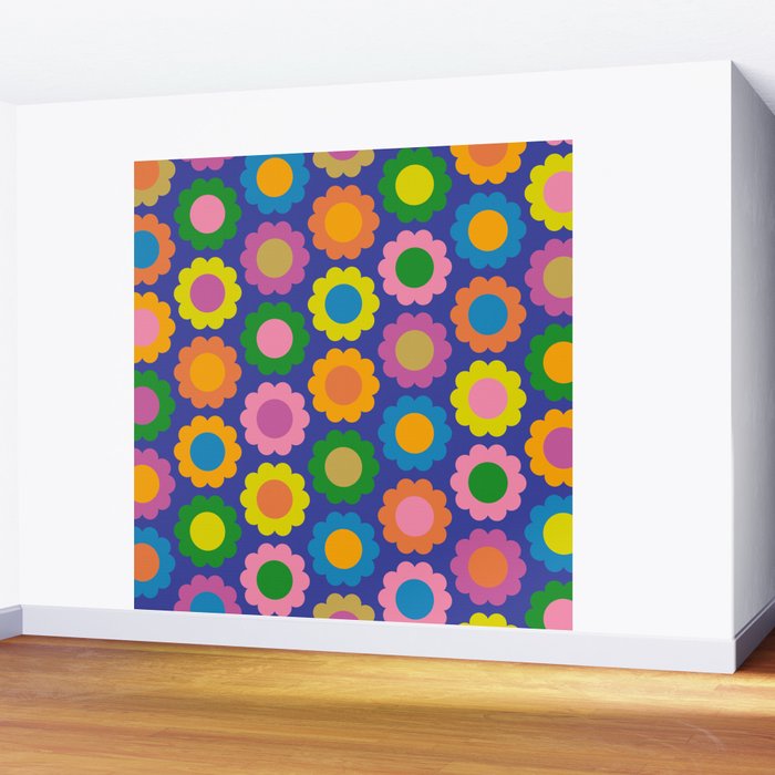 Happy Flowers Colorful Retro Pattern on Blue Wall Mural Gallery Image 2