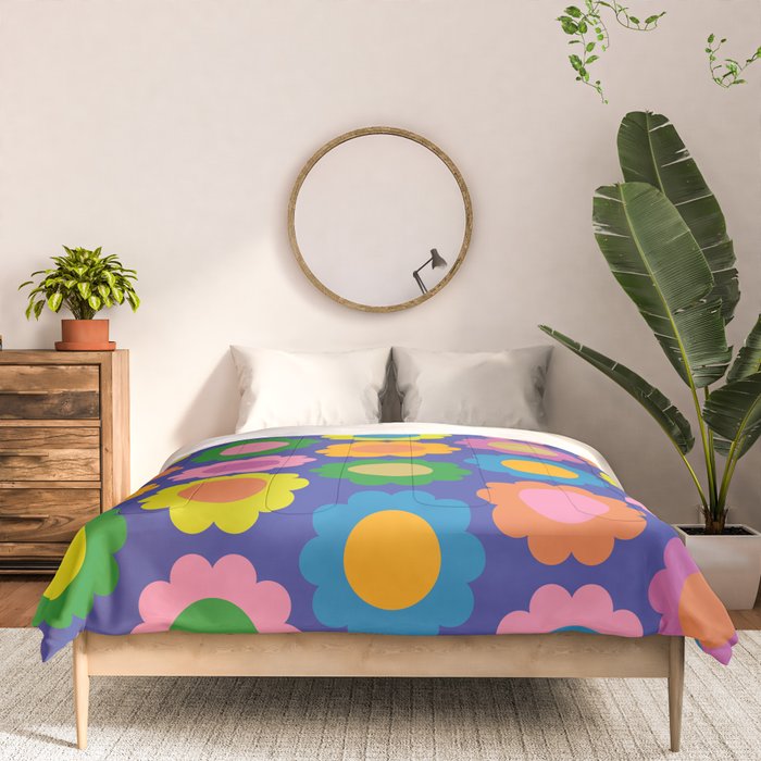 Happy Flowers Colorful Retro Pattern on Blue Comforter Gallery Image 3