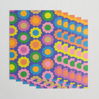 Happy Flowers Colorful Retro Pattern on Blue Wrapping Paper Gallery Image 3