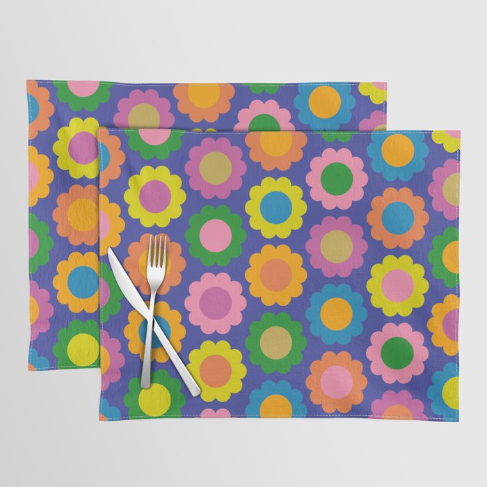 Happy Flowers Colorful Retro Pattern on Blue Placemat Gallery Image 1