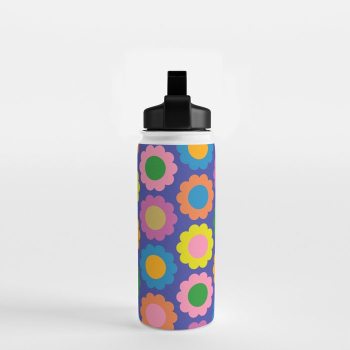 Happy Flowers Colorful Retro Pattern on Blue Water Bottle Gallery Image 2