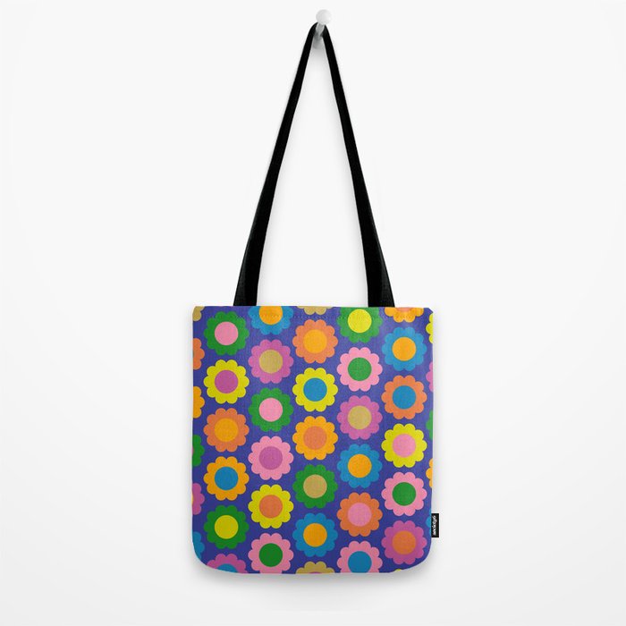Happy Flowers Colorful Retro Pattern on Blue Tote Bag Gallery Image 2