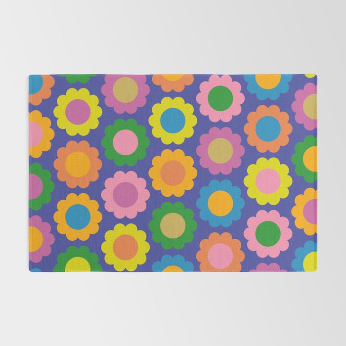 Happy Flowers Colorful Retro Pattern on Blue Rug Gallery Image 2