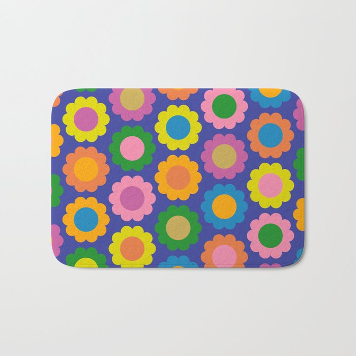Happy Flowers Colorful Retro Pattern on Blue Bath Mat Gallery Image 1