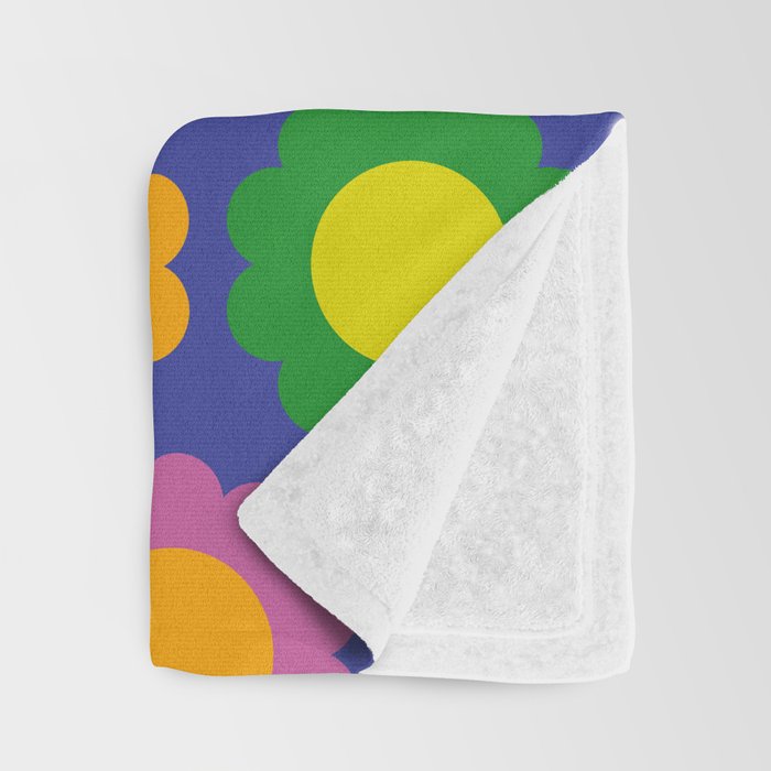 Happy Flowers Colorful Retro Pattern on Blue Throw Blanket Gallery Image 3