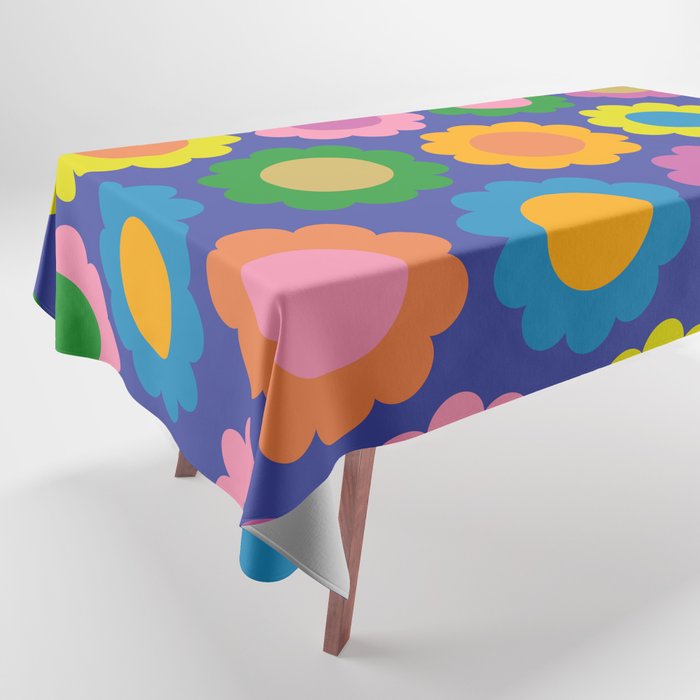 Happy Flowers Colorful Retro Pattern on Blue Tablecloth Gallery Image 1