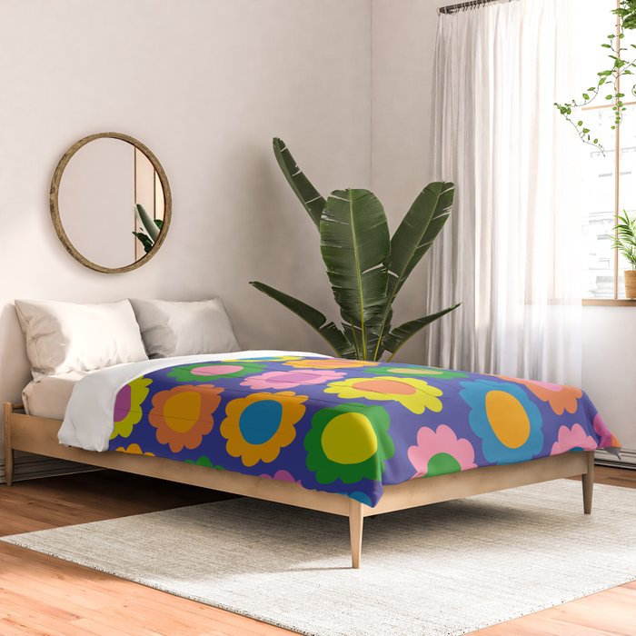 Happy Flowers Colorful Retro Pattern on Blue Comforter Gallery Image 2