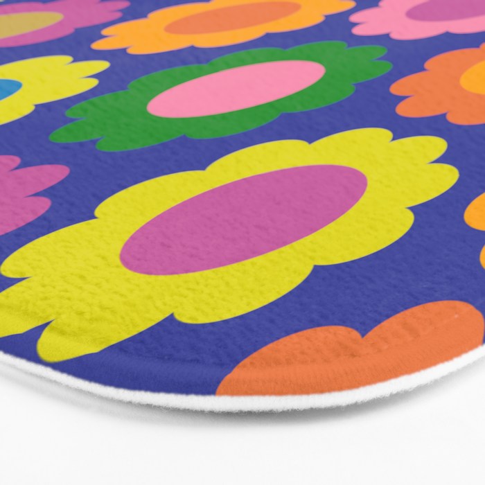 Happy Flowers Colorful Retro Pattern on Blue Bath Mat Gallery Image 3