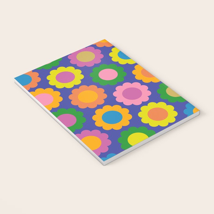 Happy Flowers Colorful Retro Pattern on Blue Notebook Gallery Image 3