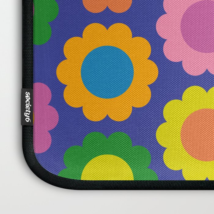 Happy Flowers Colorful Retro Pattern on Blue Laptop Sleeve Gallery Image 3