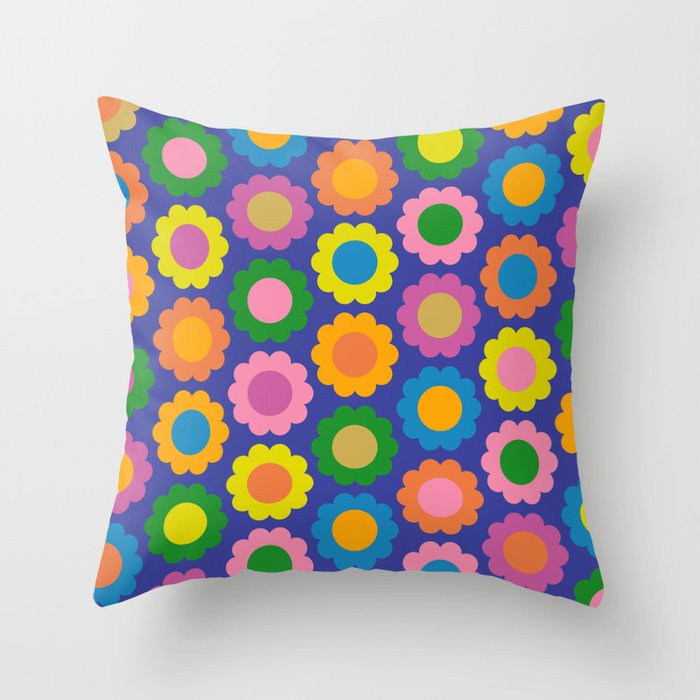 Happy Flowers Colorful Retro Pattern on Blue Throw Pillow Gallery Image 1