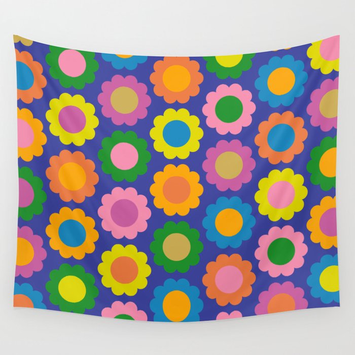 Happy Flowers Colorful Retro Pattern on Blue Wall Tapestry Gallery Image 4