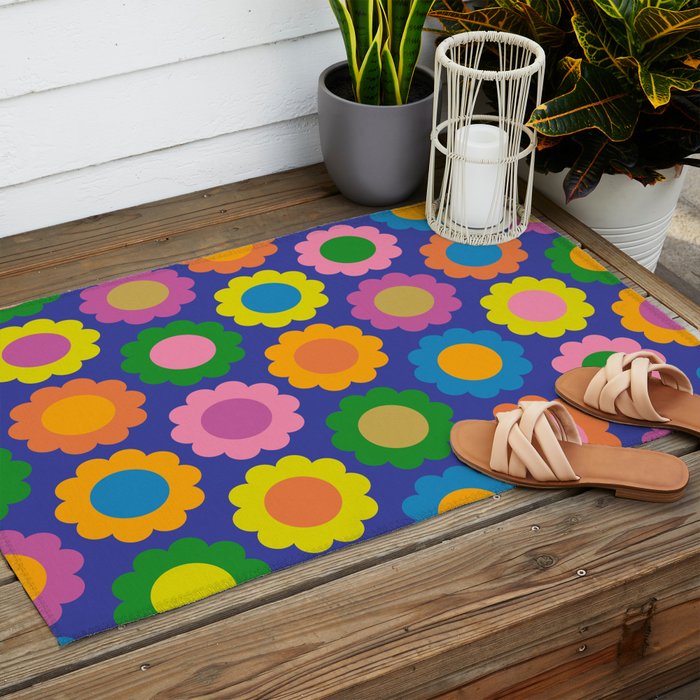 Happy Flowers Colorful Retro Pattern on Blue Outdoor Rug Gallery Image 2