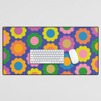 Happy Flowers Colorful Retro Pattern on Blue Desk Mat Gallery Image 1