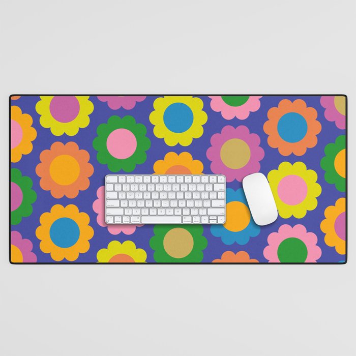 Happy Flowers Colorful Retro Pattern on Blue Desk Mat Gallery Image 1