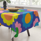 Happy Flowers Colorful Retro Pattern on Blue Tablecloth Gallery Image 3