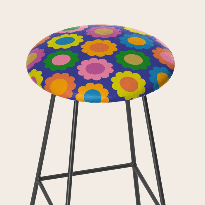 Happy Flowers Colorful Retro Pattern on Blue Stool Gallery Image 2