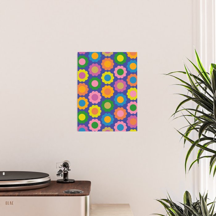 Happy Flowers Colorful Retro Pattern on Blue Poster Gallery Image 2