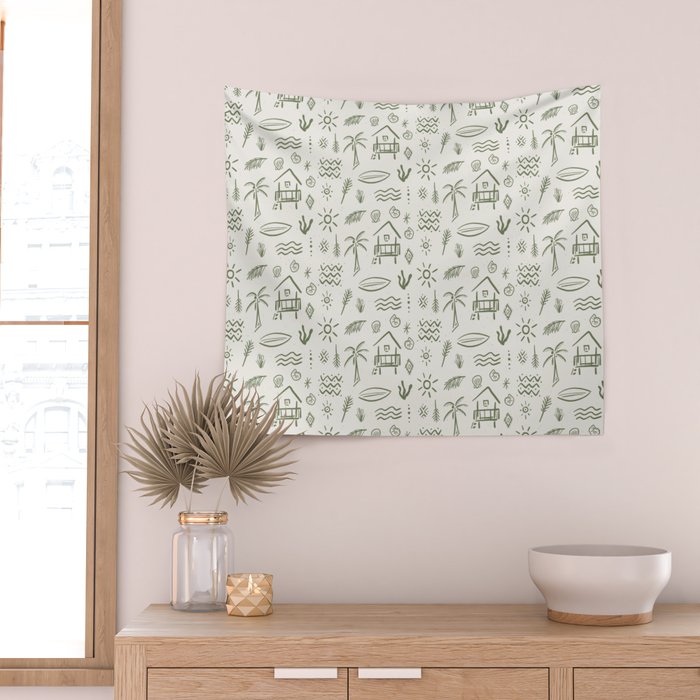 Modern Surf Shack . Paradise Green Wall Tapestry Gallery Image 2