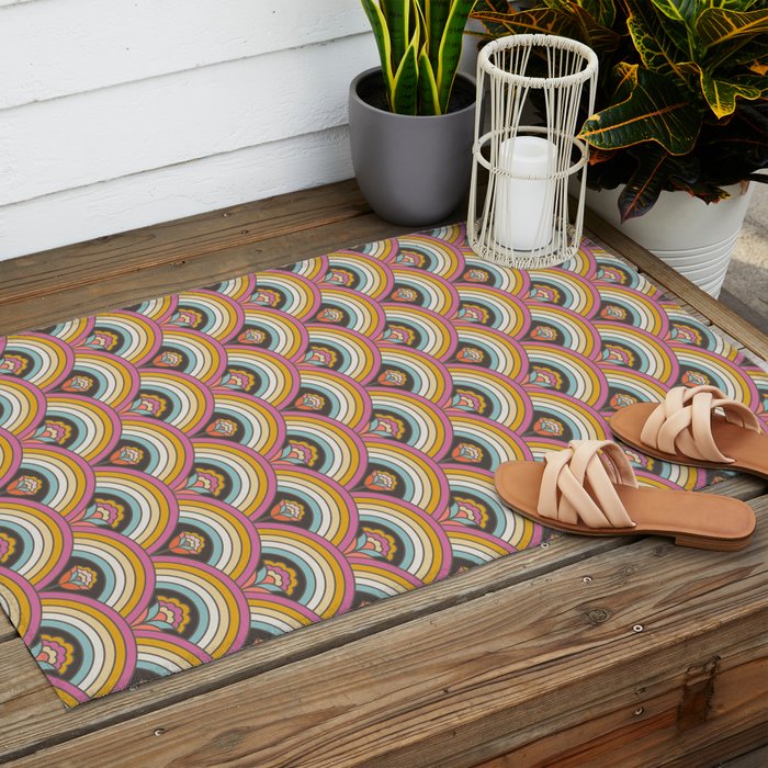 Retro Rainbow Flowers - multi-color Outdoor Rug Gallery Image 2