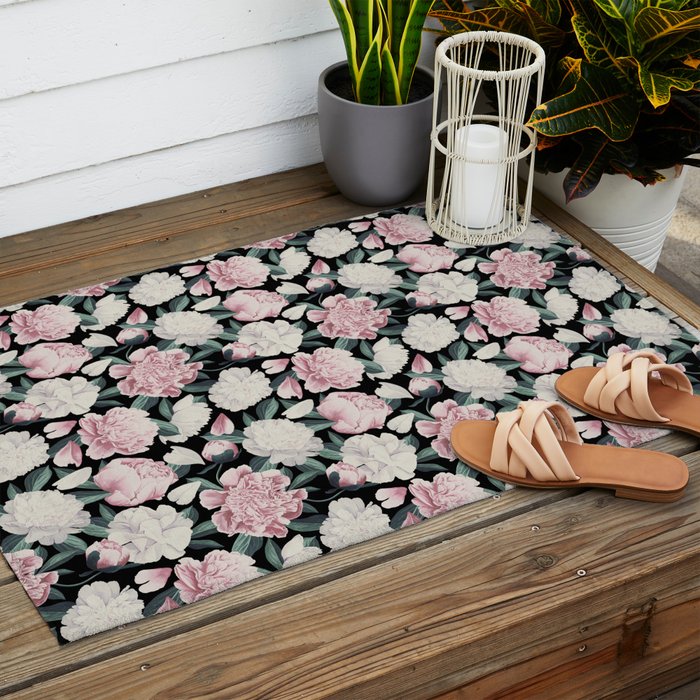 Chic Peonies on Black Outdoor Rug Gallery Image 2